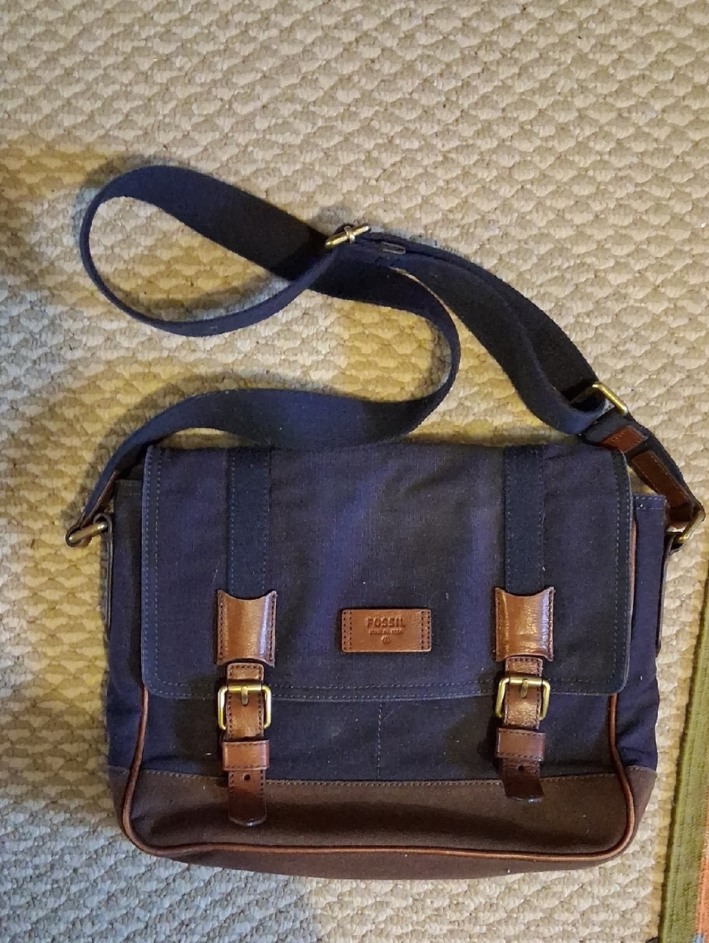 Fossil Navy Canvas Messenger Bag with Brown Leather Accents
